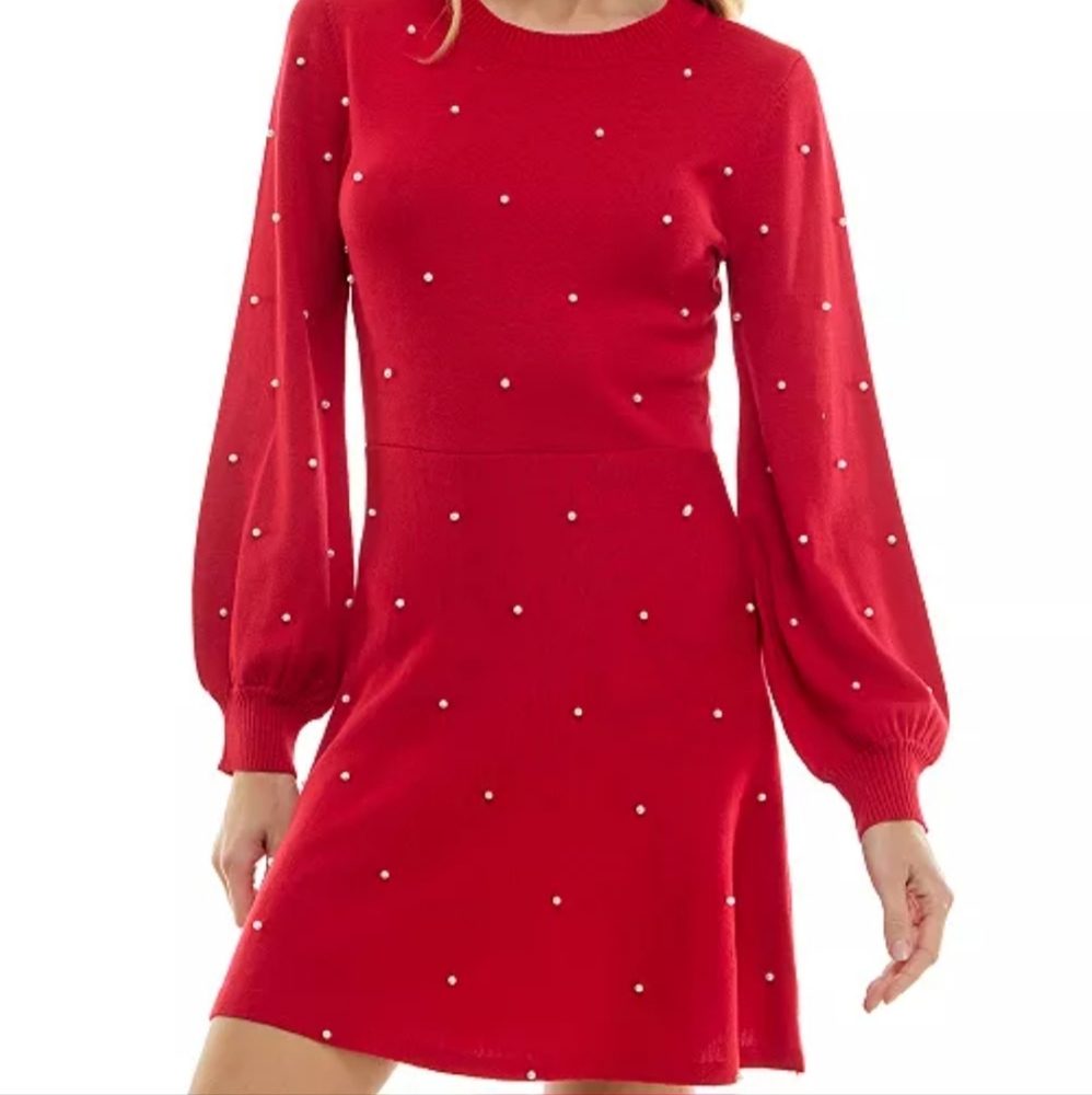 Crystal Doll Juniors' Pearl Crewneck Blouson-Sleeve Sweater Red Dress Party NWT